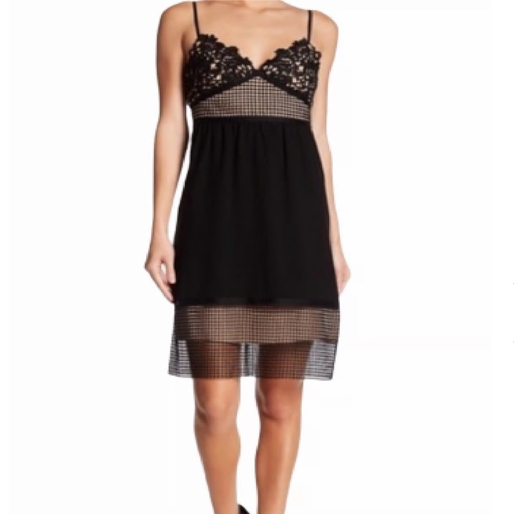 Theory Black Beige Malaena Elevate Crepe Crochet Cocktail Dress 00 Silk Sheer